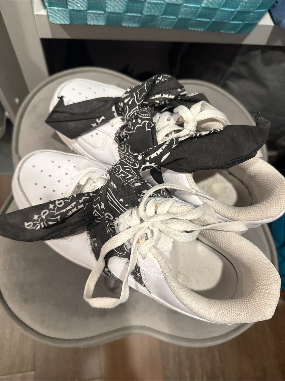CUSTOM Nike White Athletic Sneakers with Black Bandana Laces